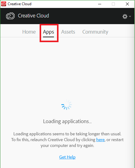 pestaña de apps no aparece en creative cloud
