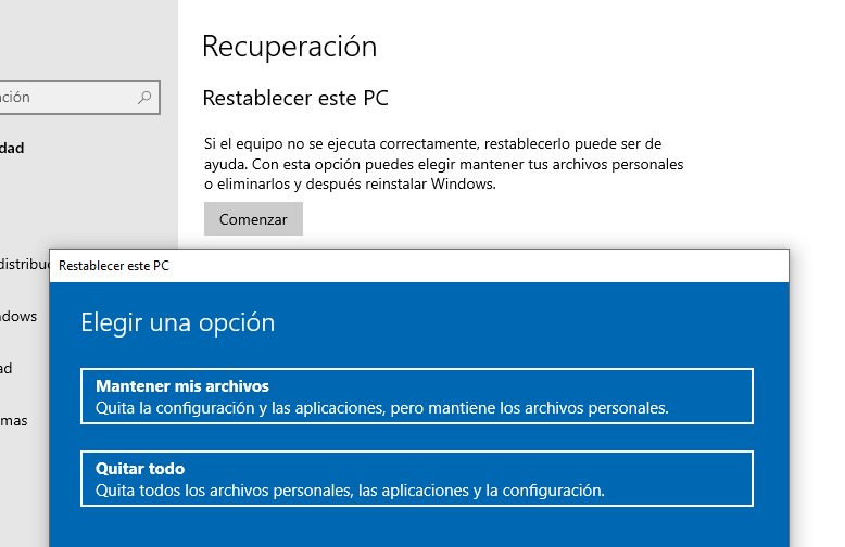 Restablecer este equipo en Windows 10