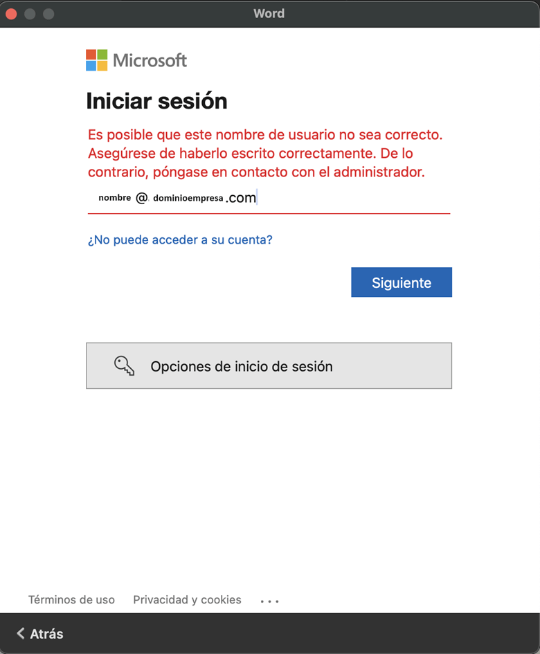 office mac no reconoce cuenta