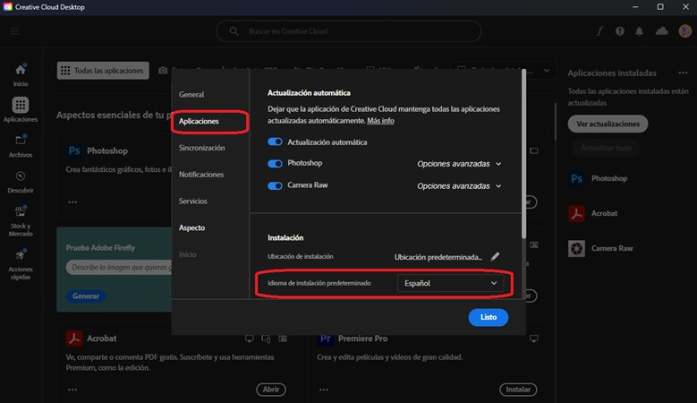 Idioma Adobe Creative Cloud