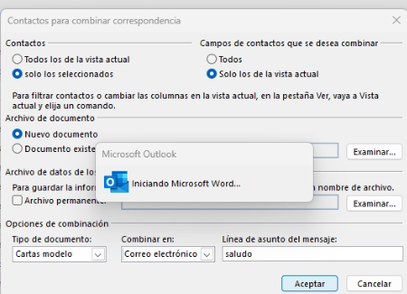 Error al iniciar Word en Contactos para combinar correspondencia