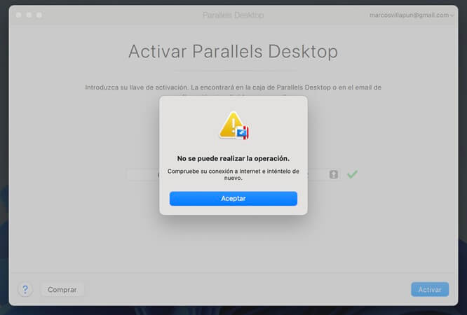 No se puede realizar la operación Parallels Desktop