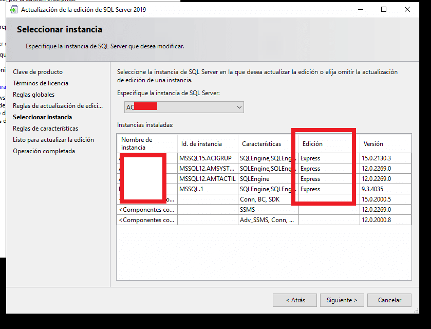 actualizar instancia sql express