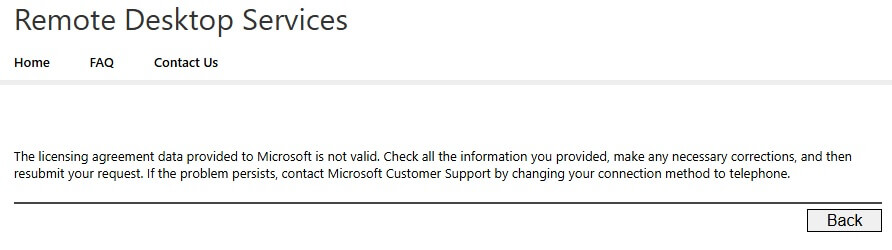 Error RDS CAL Datos del acuerdo no válidos