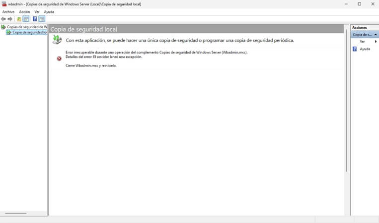 solucion error Wbadmin